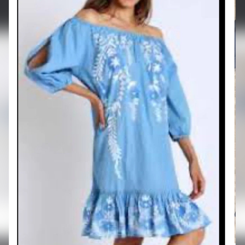 Debbie Katz blue Off-Shoulder Embroidered Dress.